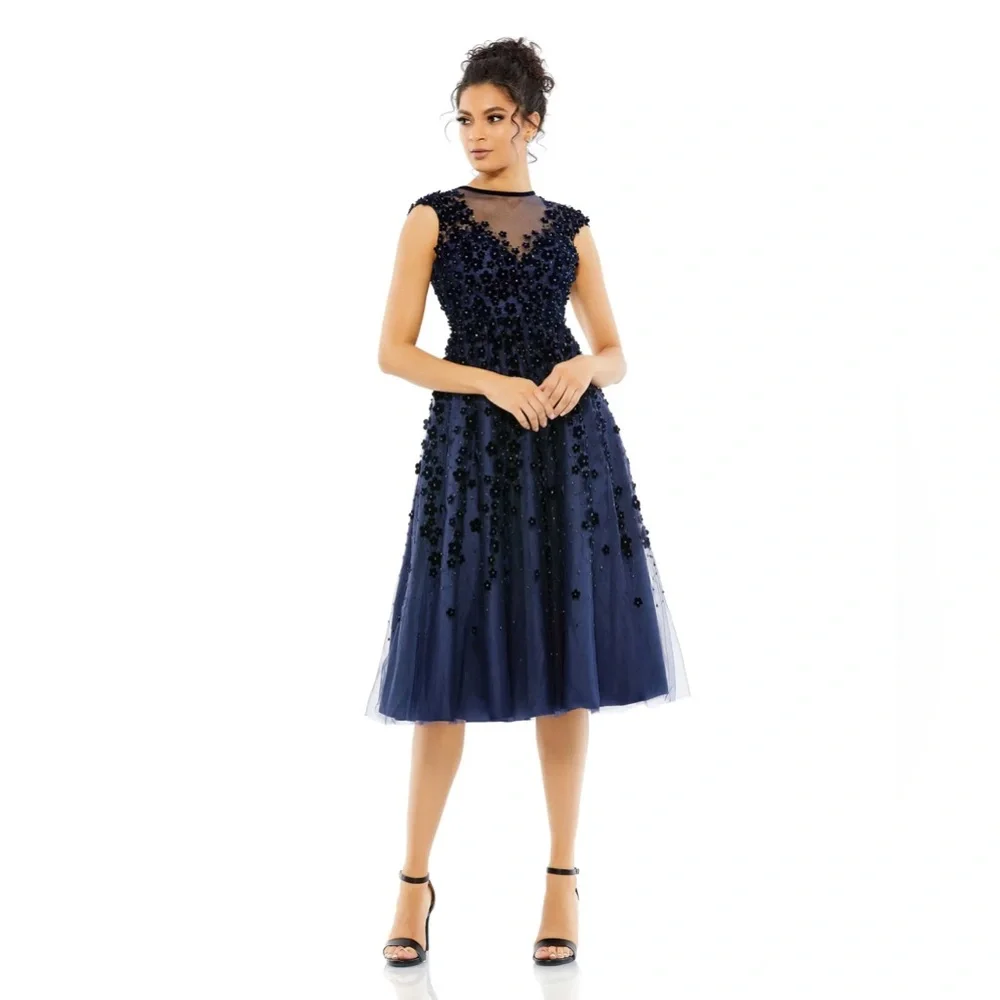 Mac Duggal Floral Embellished Illusion Midnight Midi Cocktail‎ Dress NWT